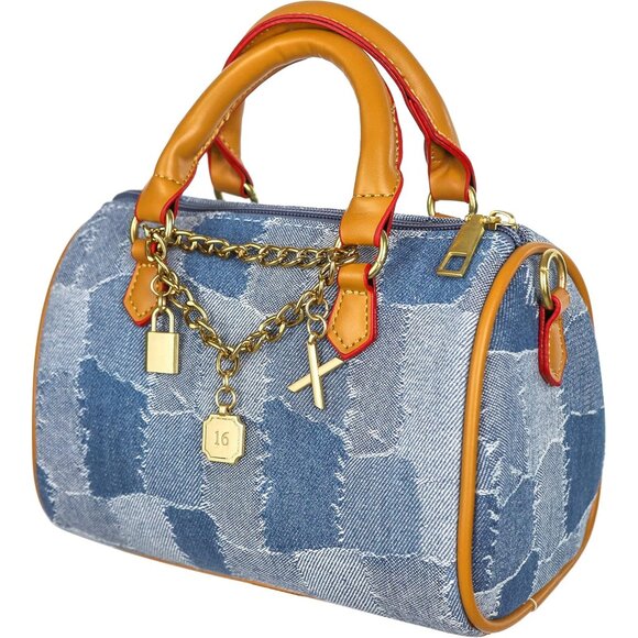Mini Small Denim Purse Jean Boston Barrel Bags Quilted Checkered Top Handle Canv